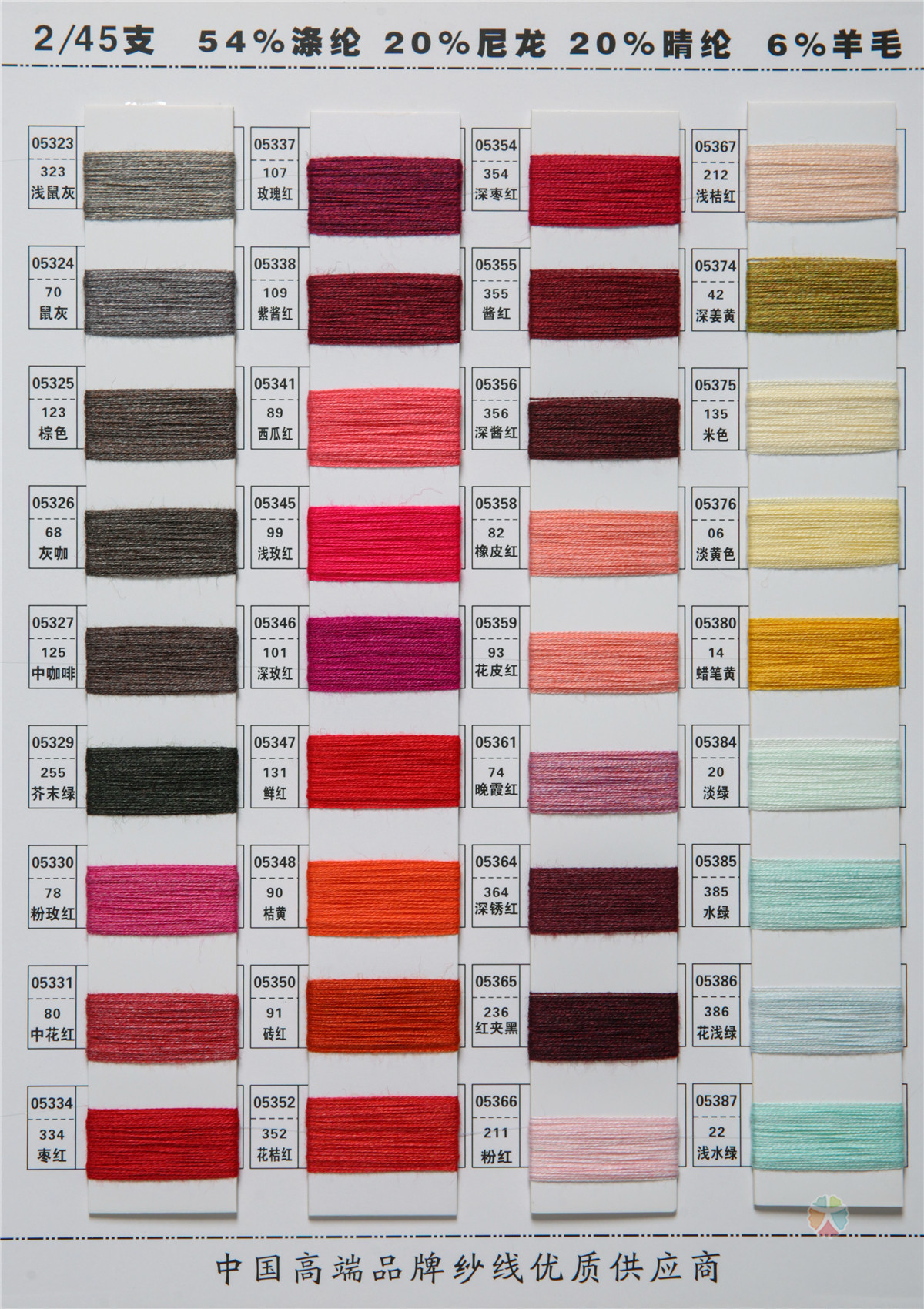 2/45NM 54Polyester 20Nylon 20Acrylic 6Wool