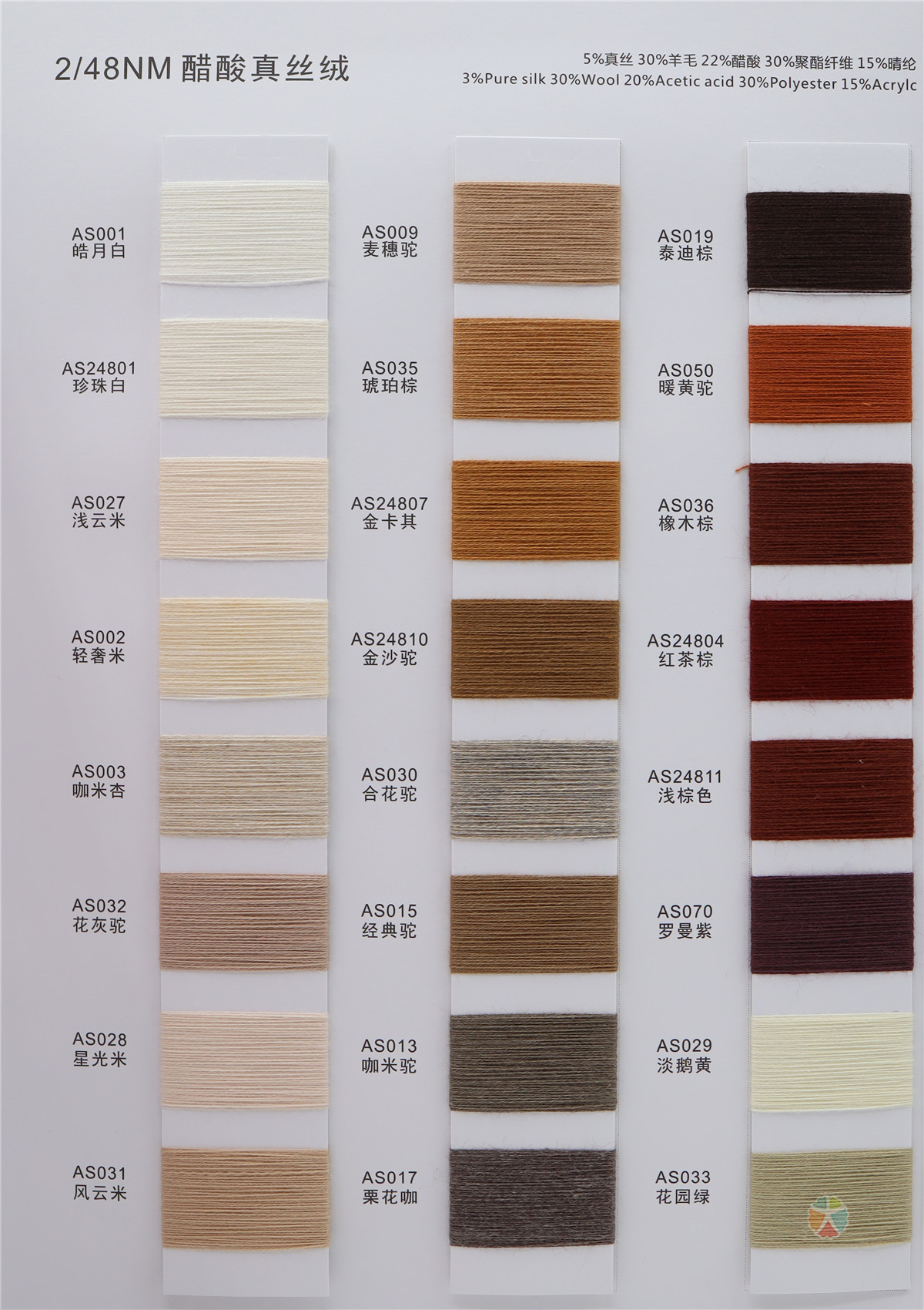 2/48NM 3%Pure silk 30%Wool 20%Acetic acid 30%Polyester 15%Acrylc